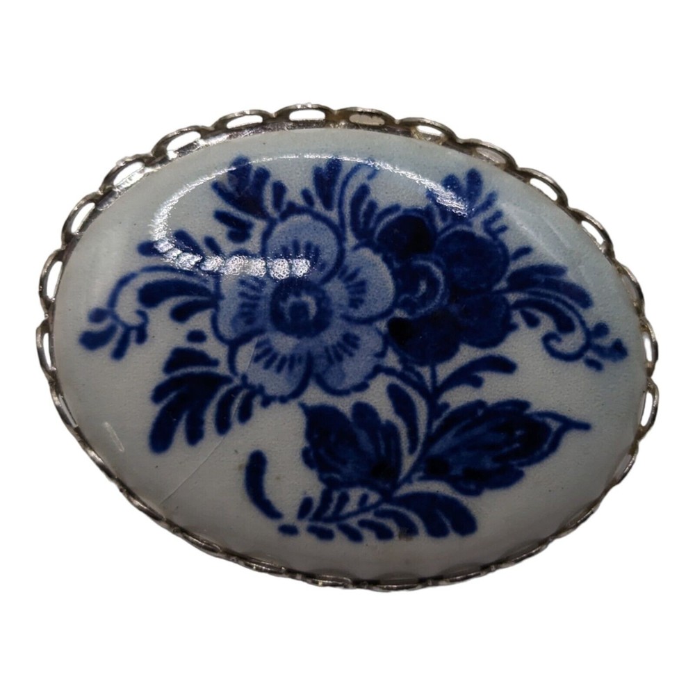 Vintage Porcelain Blue and White Small Flowers Brooch Oval Silvertone Delft Styl